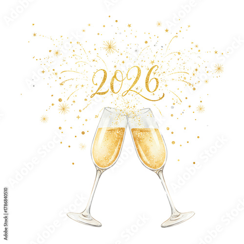 Champagne toast with 2026 and golden confetti celebration