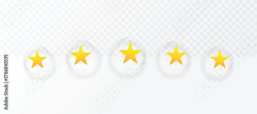 Five Star Rating Glassmorphism Effect, Holographic Style, Transparent Background.