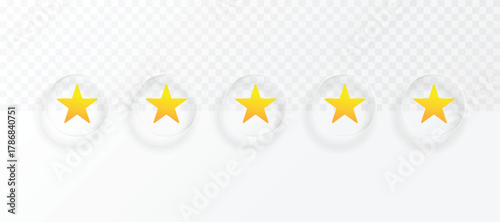 Five holographic gold star rating. Transparent glassmorphism effect
