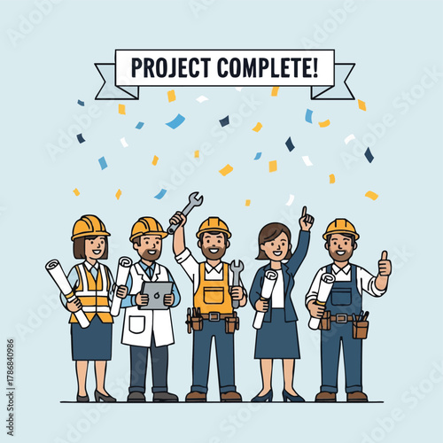 A team of construction workers celebrates project completion, with confetti and a banner proclaiming success in vector illustration.