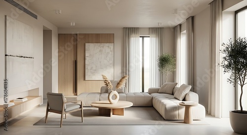 Elegant and Modern Living Room Interior Minimalist Design with Natural Light and Comfort