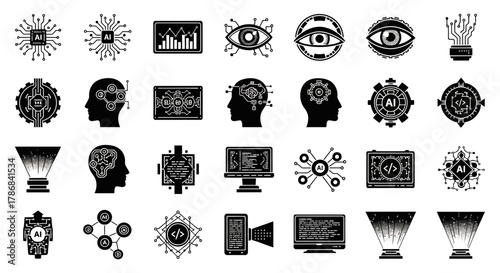 Explore the cutting edge of artificial intelligence with these dynamic modern icons representing innovation, data, and smart technology concepts.