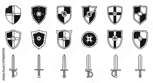 Classic medieval shields and swords collection representing strength, protection, and historical combat ready for design projects