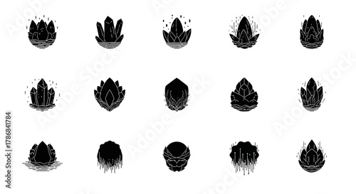 Collection of modern black crystal icons symbolizing growth, nature, and spiritual energy, perfect for branding and design projects