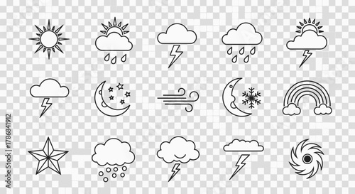Diverse weather icons showcase sun, rain, clouds, lightning, moon, stars, wind, snow, rainbow, and storm, perfect for dynamic forecasts.