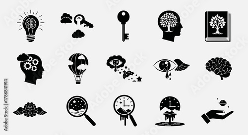 Unlock innovative ideas and abstract concepts with this dynamic collection of symbols representing thought, creativity, and imagination