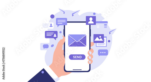 A modern smartphone displays a new email notification with chat bubbles and profile icons floating around it, representing communication in a digital environment.