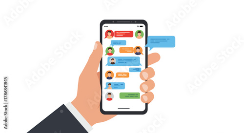 Illustration of a hand holding a smartphone with a messaging app interface, showcasing modern communication and digital connectivity in a clean, vector style.