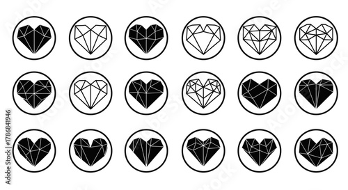 Modern geometric heart icons set for branding and design projects, offering unique visual appeal and versatile applications for love and care themes.