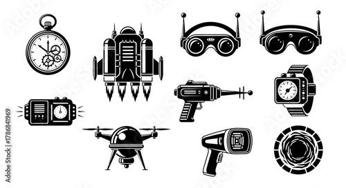 Retro futuristic technology icons including pocket watch, rocket pack, VR goggles, ray gun, drone, and sci-fi devices