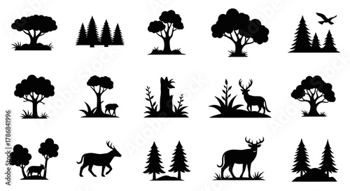 Captivating collection of forest silhouettes featuring majestic deer, diverse trees, lush foliage, and soaring birds for naturalistic designs.