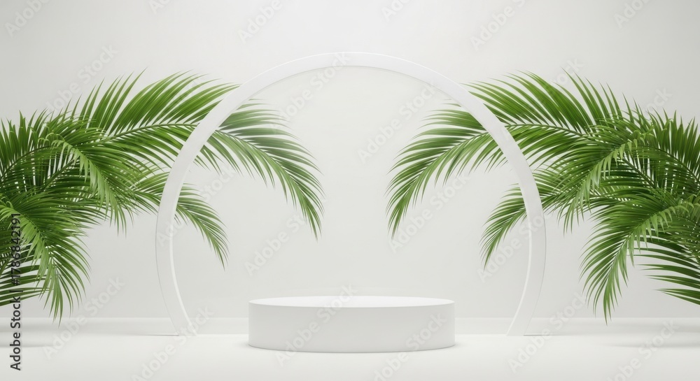 Obraz premium Minimalist white podium tropical palm leaves