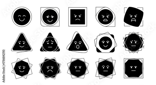 Diverse collection of expressive emoji icons showcasing a spectrum of emotions in various geometric shapes for modern design projects