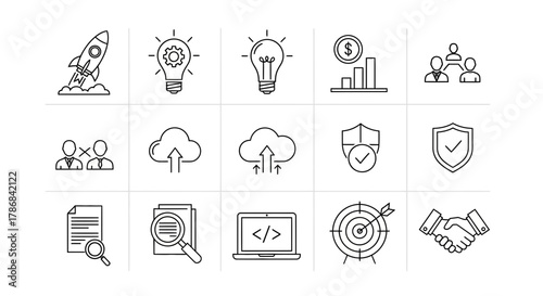 Dynamic business icons for startups idea generation financial growth team collaboration cloud services security and successful partnerships