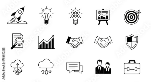 Dynamic business icons representing startup, ideas, growth, partnership, security, and success for modern professional presentations and web design.