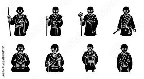 Eight distinct ancient Japanese monks in traditional robes holding symbolic items, capturing historical spiritual essence.