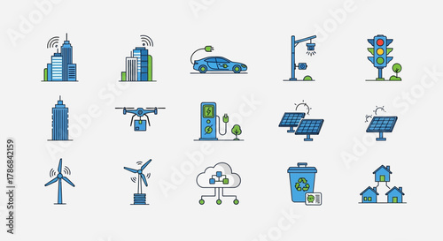 Dynamic smart city icons capture innovation, sustainability, and future urban living concepts for modern design projects.