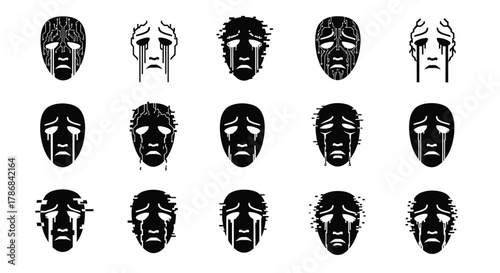 Expressive digital masks convey grief and technological distress, symbolizing emotional loss in a connected world.