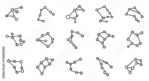 Dazzling collection of celestial constellation icons representing zodiac signs and star patterns perfect for cosmic themes and astrological insights