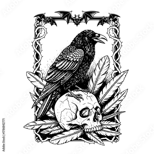 Black and White Etching of Raven on Skull with Feathers – Gothic Dark Art Illustration with Bold Linework