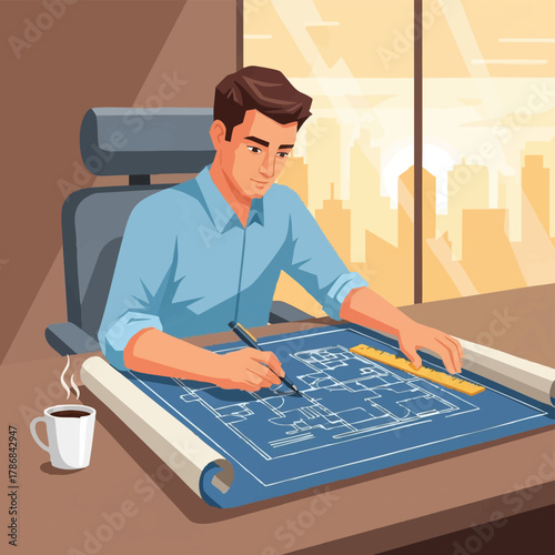 An architect is working on a blueprint with a pencil and ruler, with a cup of coffee on the desk and a city skyline visible through the window.