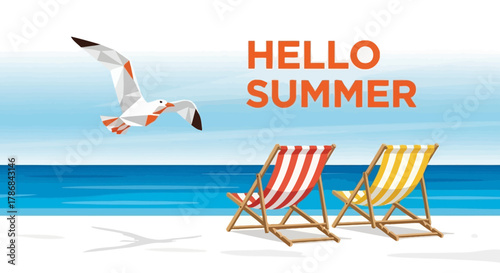 Summer Beach Scene with Deck Chairs and Seagull Illustration