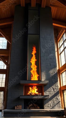 Modern stone fireplace with tall vertical flames in a rustic luxury interior. Warm lighting, wooden beams, natural textures, cozy atmosphere, elegant architectural design.1