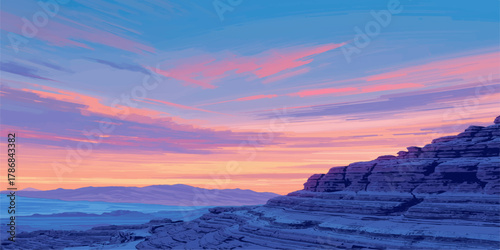 Serene Sunset Over Layered Desert Cliffs with Pastel Skies and Distant Mountains in Tranquil Wilderness