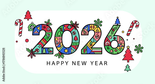 Colorful 2026 Happy New Year Illustration with Festive Decorations and Seasonal Elements for Greeting Cards and Invitations