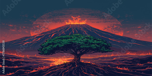 Ancient guardian tree defies apocalyptic eruption, its emerald crown glowing against rivers of molten lava that twist through its roots beneath a blood-red sky in epic pixel art mastery.