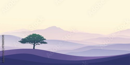 Lone ancient tree stands in perfect solitude atop rolling purple hills, wrapped in endless layers of soft morning mist under a delicate pastel gradient sky in serene minimalist landscape.