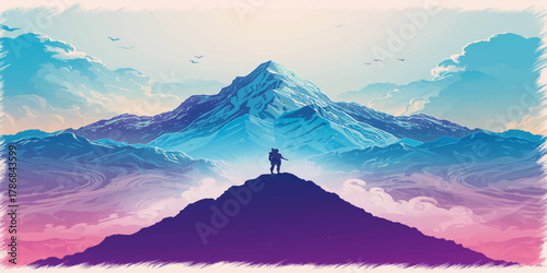 Solitary wanderer stands atop jagged peak gazing at majestic snow-capped mountain bathed in vibrant pastel sunrise glow with dreamy cotton-candy skies in epic minimalist landscape art.
