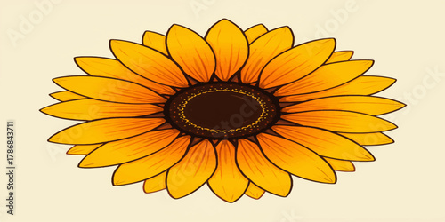 Majestic golden sunflower in full radiant bloom, its perfect symmetrical yellow petals framing a rich chocolate-brown center against soft cream background in cheerful hand-drawn illustration style.