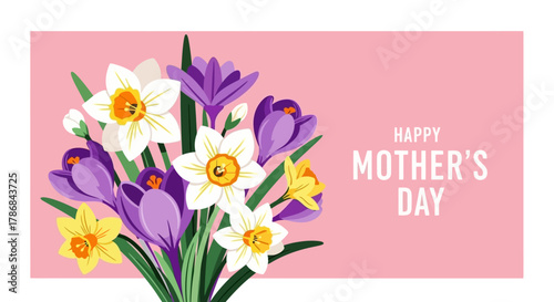 Happy Mother's Day A Colorful Bouquet of Spring Flowers on a Pink Background, Perfect for Celebrating