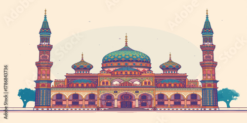 Majestic multicolored grand mosque with twin turquoise-domed minarets rising against a serene sky in vibrant, intricate hand-drawn architectural illustration masterpiece.