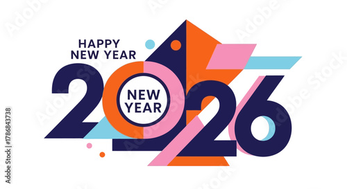 Colorful geometric design for Happy New Year 2026, festive greeting card, modern art style, celebration concept