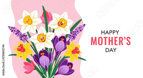 Happy Mother's Day Bouquet of Flowers with Daffodils, Crocuses and Tulips - Floral Greeting Card
