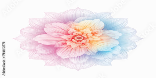 Ethereal pastel lotus mandala blooms in delicate rainbow gradients, its translucent layered petals radiating sacred geometry and serene beauty on pure white background.
