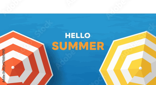 Hello Summer" with Beach Umbrellas on Blue Water Background