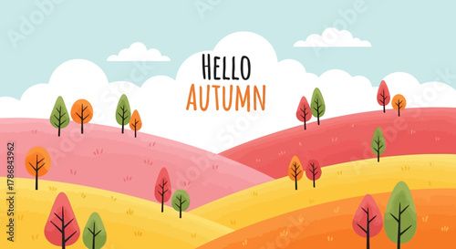 Hello Autumn A Cheerful Landscape of Trees and Colorful Hills in a Whimsical Scene