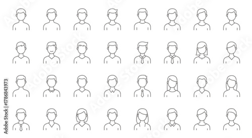 A collection of outlined person icons representing diverse individuals, perfect for user interfaces, profile illustrations, and general design elements, available in a scalable vector format.