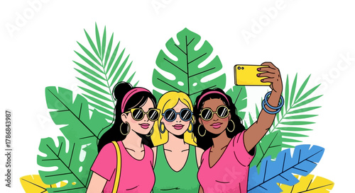 Three stylish friends taking a selfie with tropical leaves on a white background, concept illustration