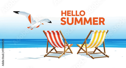 Hello Summer! Relaxing Beach Scene with Deck Chairs, Seagull, and Sunny Vibes for Vacation