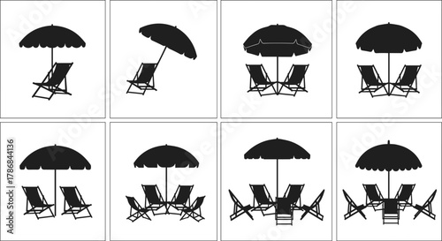 Beach umbrella and chair silhouettes — summer vacation vector set, seaside relaxation icons, beach loungers under parasols, tropical holiday design elements