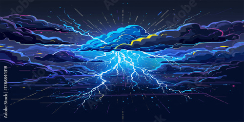 Dramatic Apocalyptic Storm with Neon Blue Purple Lightning Bolts Ripping Through Dark Thunderclouds Epic Sky