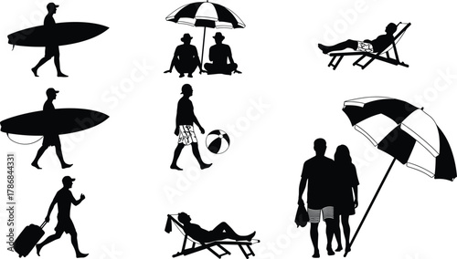 Beach vacation silhouettes — people relaxing, surfing, walking, and sunbathing under umbrellas, summer travel and seaside leisure vector illustration