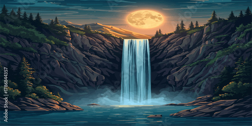 Majestic Waterfall Cascading into Misty Canyon Under Golden Sunset Surrounded by Lush Forest Fantasy Landscape