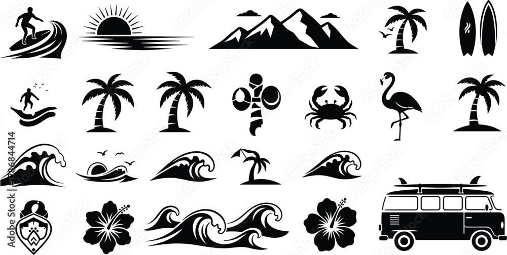 Fototapeta premium Beach and surf icons — tropical summer vector set with waves, palm trees, surfboards, van, sunset, crab, flamingo, and hibiscus