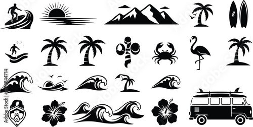 Beach and surf icons — tropical summer vector set with waves, palm trees, surfboards, van, sunset, crab, flamingo, and hibiscus
