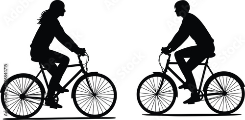 Bicycle rider silhouettes, two cyclists facing each other, male and female figures, vector illustration set, cycling lifestyle artwork, transportation graphic design elements